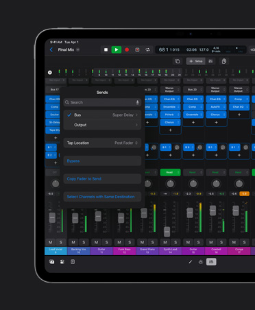 iPad Pro 13 screen showing Mixing workspace with sound wave layers and various dials and settings at the bottom