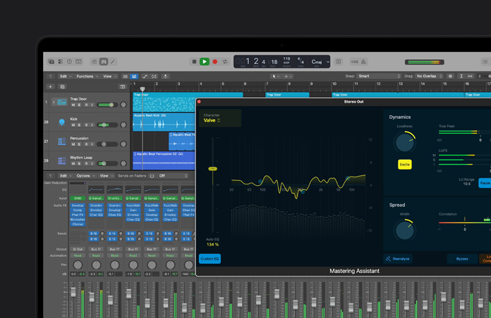 MacBook Pro 16 screen showing sound wave layers, Mastering Assistant window is open, various dials and settings at the bottom