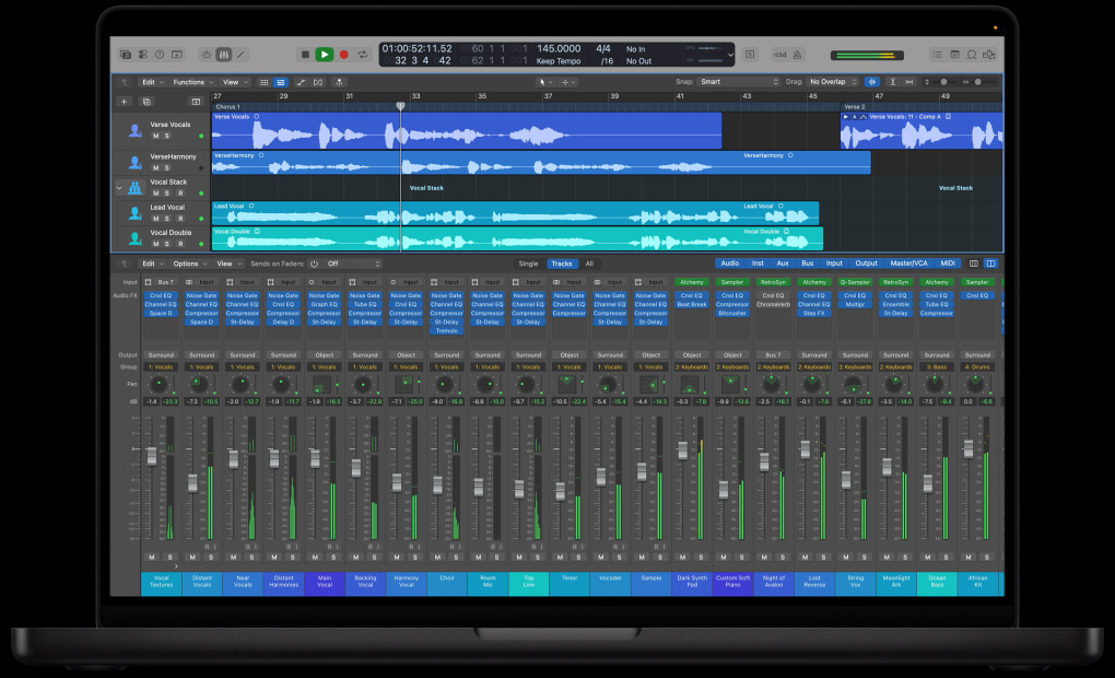 MacBook Pro 16 screen showing Mixing workspace with sound wave layers and various dials and settings at the bottom