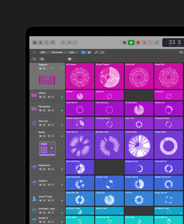MacBook Pro 16 screen showing controls and effects, left panel with Toppers, Infinity, Percussion, Textures, Beats, Keyboards, Synths 1, Vocal Chops, Anthemic Lead, Synths 2, Synths 3, each row is categorized by colour and shown on the right