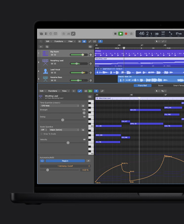 MacBook Pro 16 screen showing sound waves with different rows, including Big Room, Morphing Lead, Lead Vocal, Massive Bass, at the bottom is the Piano Roll window with adjustments to the left