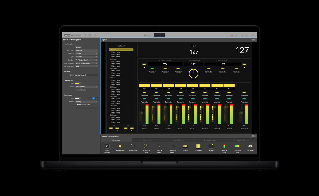 MacBook Pro 16, screen showing Logic Pro workspace with layout, screen control inspector to the left and screen controls palette at the bottom