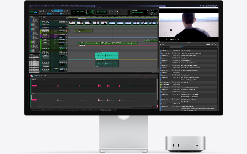 Mac mini vist forfra, placeret under Studio Display, Pro Tools med Auto-Align Post 2-plug-in kører i macOS