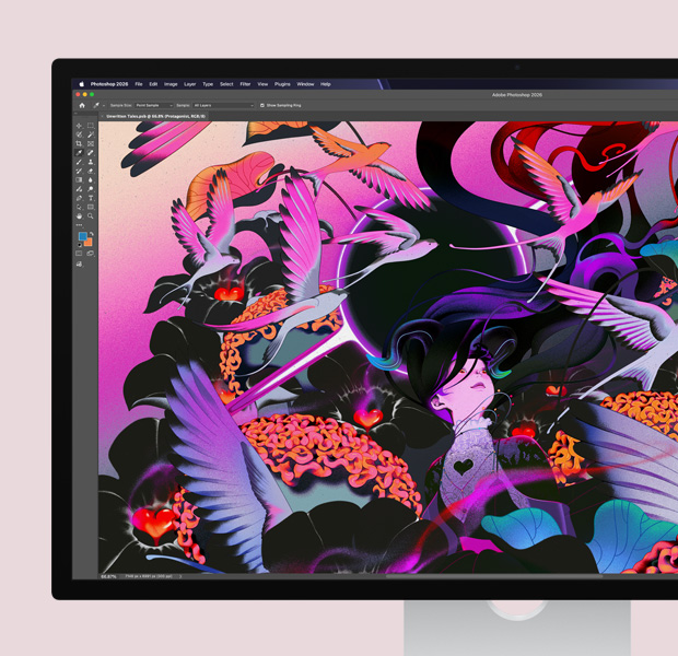 Studio Display med Adobe Photoshop-redigeringssoftware og abstrakt grafik på skærmen