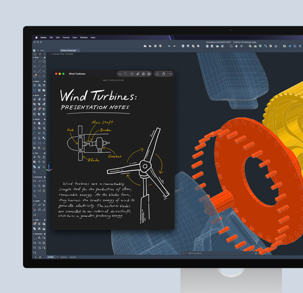 Studio Display med Autodesk AutoCAD-software åben, STEM-arbejde vist på skærmen sammen med Noter-appen