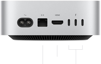 M6 çipli Mac mini, arkadan görünüm, güç soketi, Ethernet bağlantı noktası, HDMI bağlantı noktası, üç adet Thunderbolt bağlantı noktası