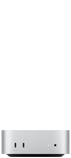 Mac mini, front, two Thunderbolt ports, status indicator light and 3.5 millimetre headphone jack, tapered black base at bottom, flat top, rounded sides, straight edges, Silver colour