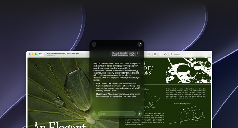 Demostración de Siri e Inteligencia Visual, consulta de un usuario sobre un tema en un PDF en la pantalla de un Mac, ¿Qué otros ejemplos hay de superhidrofobicidad en la naturaleza?, respuesta de Siri