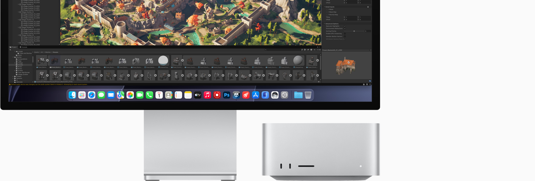 Studio Display XDR, la pantalla muestra Unity Editor, Mac Studio, vista frontal