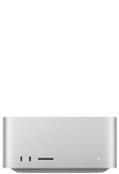 Parte frontal de un Mac Studio color plata, dos puertos USB-C, ranura para tarjeta SDXC, luz indicadora de estado, base cónica en la parte inferior, superficie plana en la parte superior, lados redondeados y bordes rectos