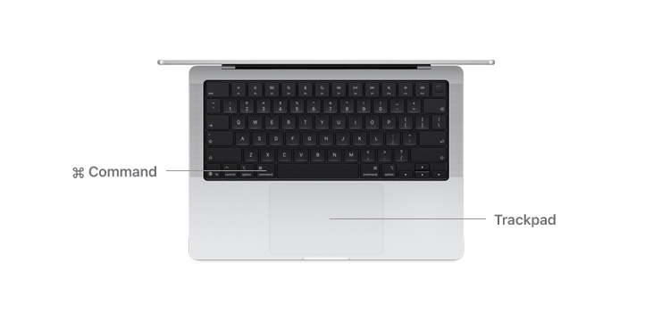 Top view of MacBook Pro 14" with lines indicating where the Command key button and trackpad are.