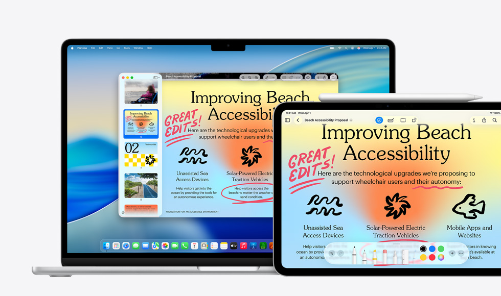 여러 Apple 기기에 동일한 이미지가 표시되어 있고, iPad에서 Apple Pencil로 이미지에 마크업을 추가하자 다른 기기에도 해당 마크업이 반영되는 모습