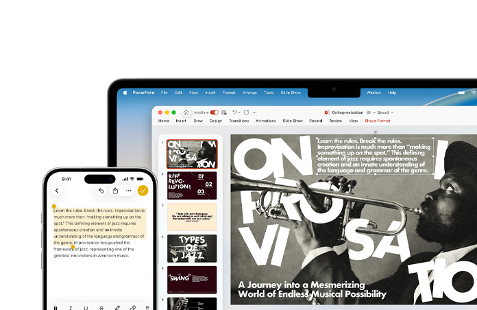 메모 앱 속 텍스트가 하이라이트된 iPhone 16 Plus와 PowerPoint 슬라이드가 열린 MacBook Air의 모습. 메모 앱의 텍스트가 슬라이드에 표시돼 있습니다