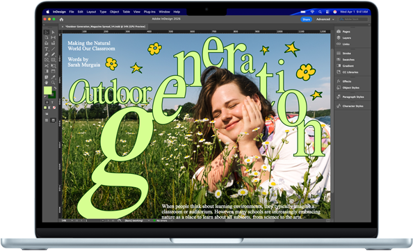 Adobe InDesign 프로젝트를 보여주는 MacBook Air