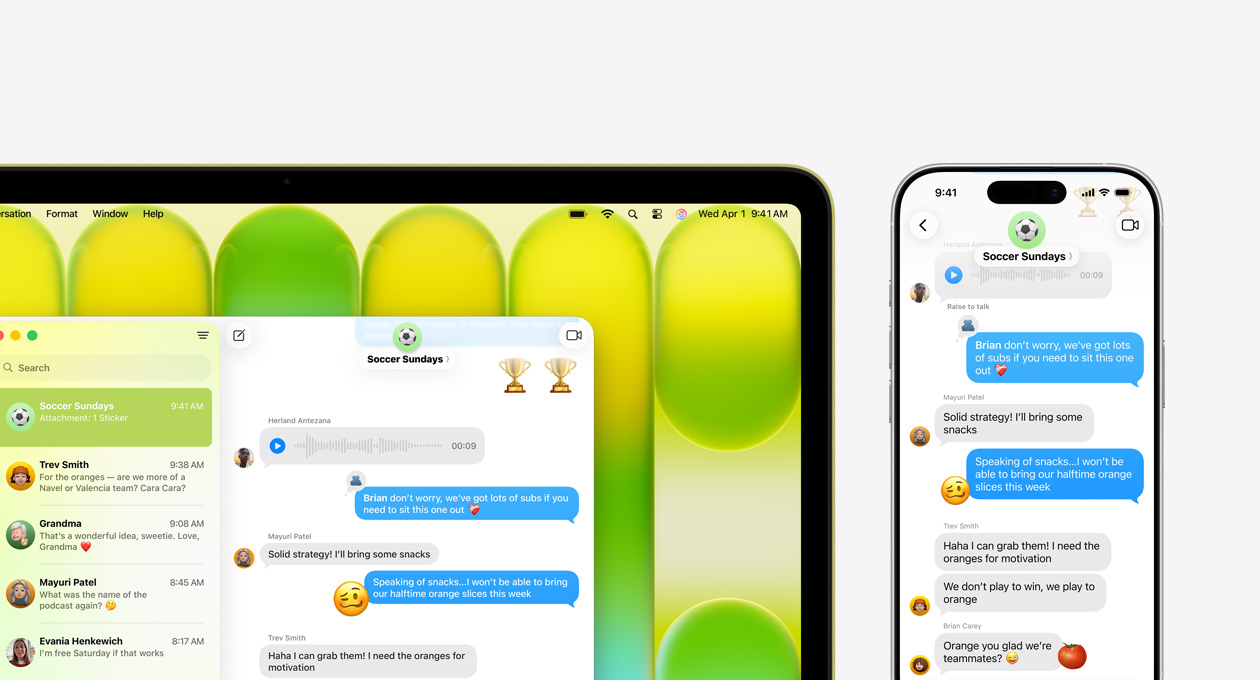 MacBook Neo showing phone call in progress and text conversation in Messages app planning group hike, iPhone next to it shows same Messages conversation