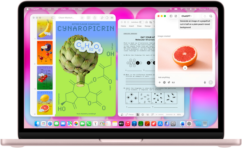 胭粉色 MacBook Neo，螢幕上顯示使用 ChatGPT 生成葡萄柚的影像，其他視窗包含標題為分子海報的 Keynote 文件，其中包含水果和蔬菜以及相關分子化合物的圖片，以及相關的 Microsoft Word 文件