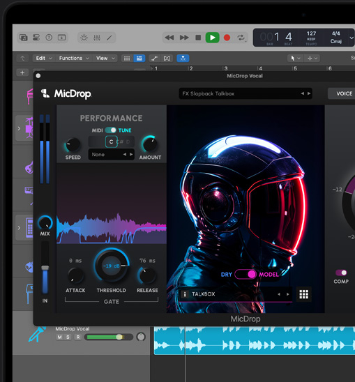 Contenu d’écran sur un MacBook Pro montrant le module MicDrop utilisant des fonctionnalités d’IA pour monter un enregistrement vocal dans Logic Pro