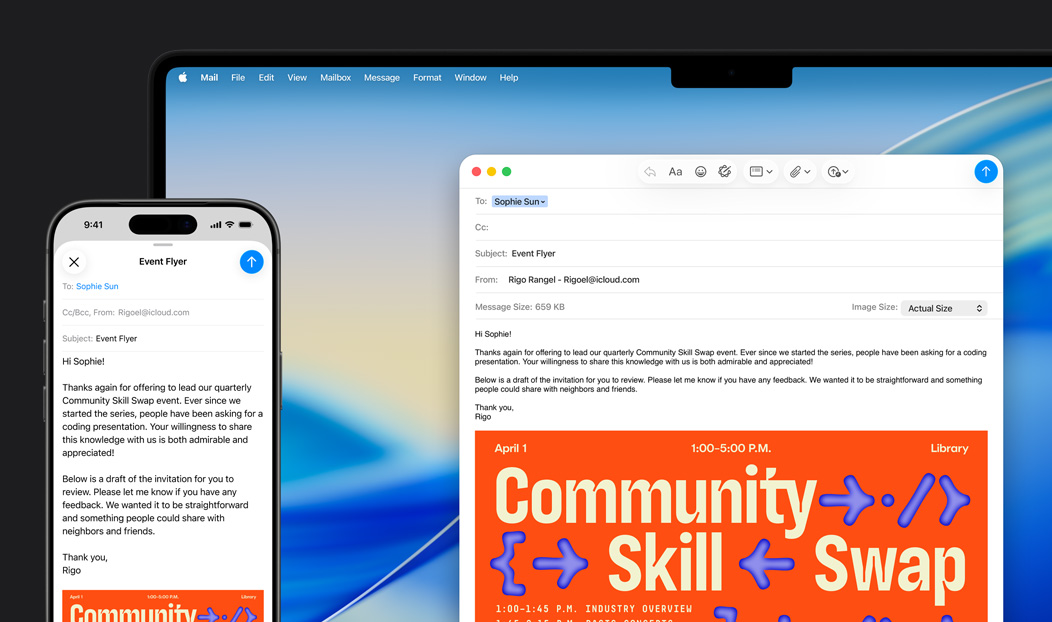 Un iPhone 16 Plus et un MacBook Pro, app Mail ouverte, le même brouillon d’e-mail affiché sur l’écran des deux appareils