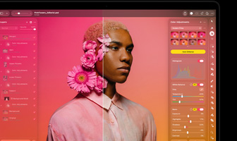 A tela mostra o Pixelmator Pro, com uma imagem dividida antes e depois de aplicar o efeito Retrato. O cabelo da pessoa retratada tem flores rosa. A imagem à esquerda tem tons de rosa vibrantes, e à direita, tons neutros. O painel Camadas está à esquerda, e o painel Ajustes de Cor está à direita
