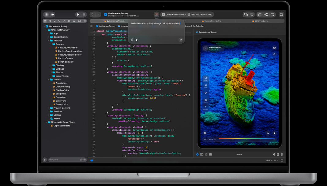 MacBook Pro, Xcode, ventana de asistente de IA con el texto «Añade un botón para cambiar rápidamente de unidades, metros o pies», editor de código con código Swift a la izquierda, la vista previa a la derecha muestra una app para el iPad con un escaneo en 3D de un naufragio en el fondo del mar