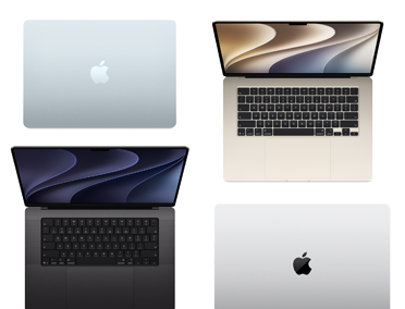 Cuatro ordenadores Mac de varios modelos, tamaños y colores que ilustran la amplia gama de opciones de personalización