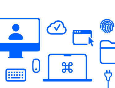 Logo de Configuración Personalizada con varios iconos del Mac, como un ratón y un teclado