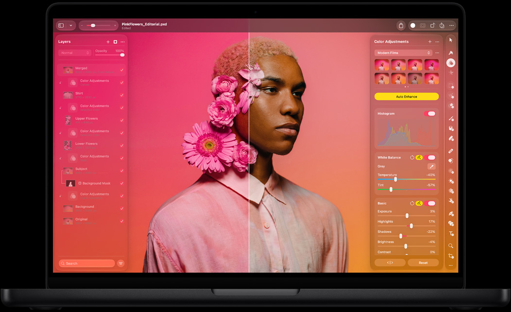 Pantalla que muestra Pixelmator Pro, imagen dividida antes y después del retrato, flores rosas en el pelo de la persona retratada, tonos rosa vivos en el lado izquierdo, tonos neutros en el lado derecho, panel Capas a la izquierda, panel Ajustes de Color a la derecha