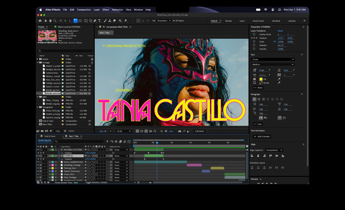 MacBook Pro, After Effects, título de una producción original protagonizada por Tania Castillo, sobre la foto de una luchadora con una máscara rosa y azul, panel de propiedades y línea de tiempo visibles