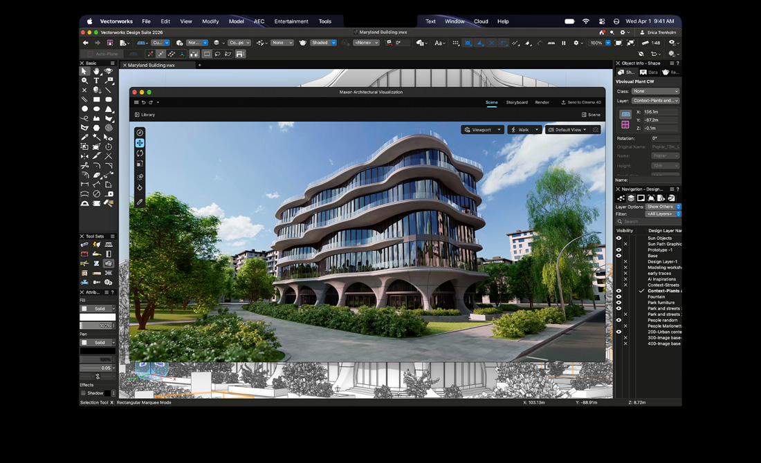 Pantalla de un MacBook Pro que muestra Vectorworks Design Suite