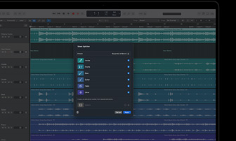 MacBook Pro, Logic Pro, pistas de ondas, panel Divisor de Stems, categorías: voces, batería, bajo, otros, cada una con una onda de audio independiente