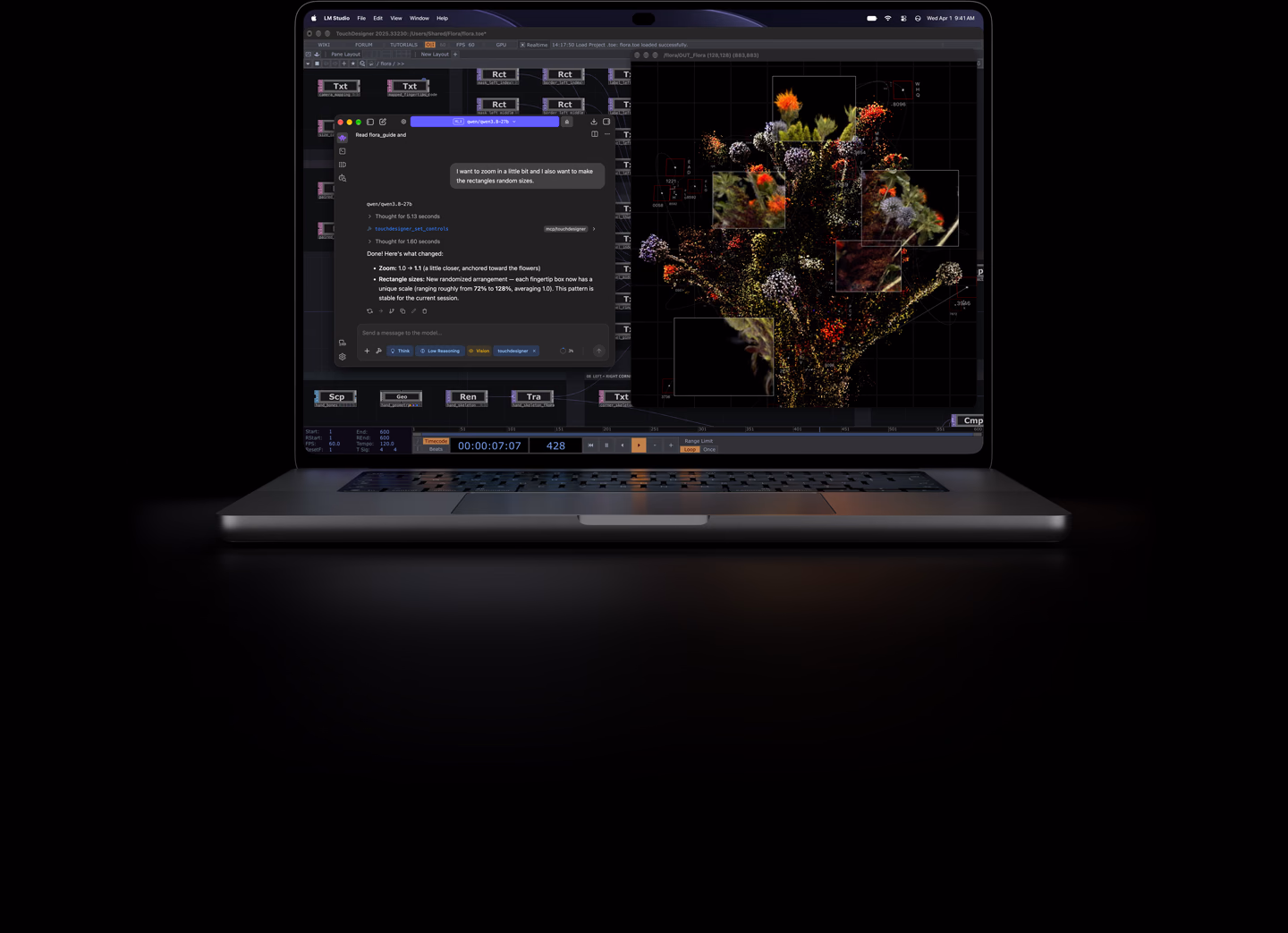 MacBook Pro com Tela PROLED XDR de 16 polegadas prateado. A tela mostra uma imagem sendo criada usando o TouchDesigner e o LM Studio