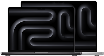 MacBook Pro de 14 polegadas, na cor preto-espacial, aberto, mostrando uma imagem com design semelhante a um encanamento, e MacBook Pro prateado de 16 polegadas, aberto, mostrando a mesma imagem