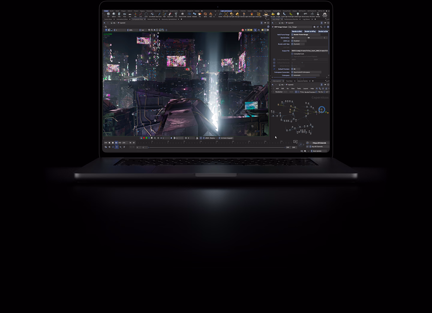 MacBook Pro com Tela PROLED XDR de 16 polegadas, na cor preto-espacial. A tela mostra a renderização 3D de uma cidade gerada por computador no Houdini