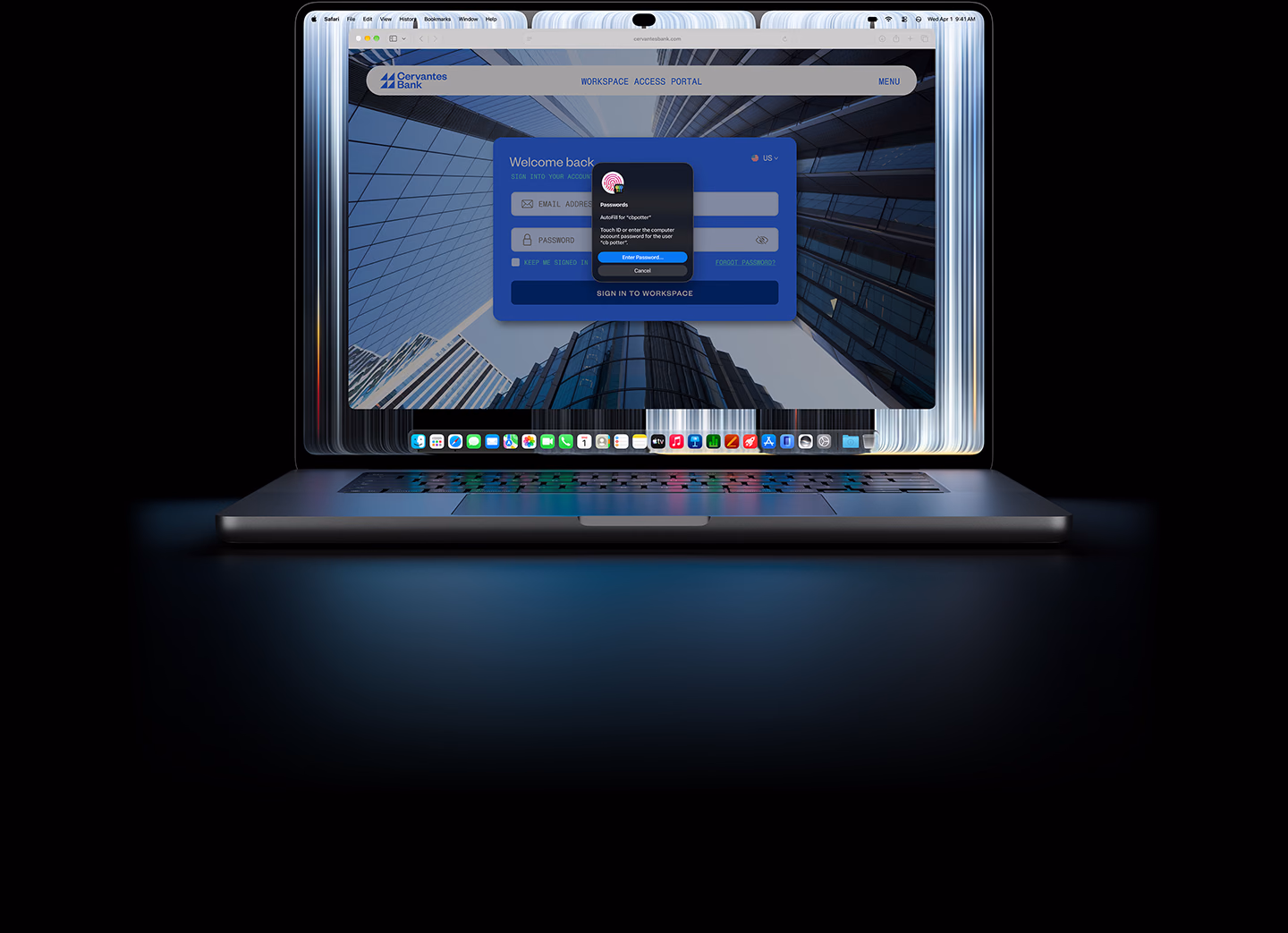 MacBook Pro com Tela PROLED XDR. Uma pequena janela do Safari solicita o Touch ID ou as credenciais para iniciar sessão em um site