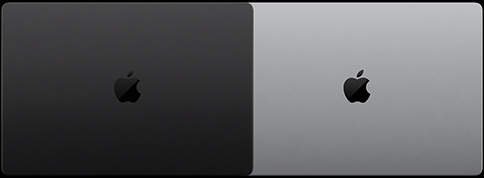MacBook Pro avec Écran PROLED XDR, noir sidéral, dessus, fermé et MacBook Pro avec Écran PROLED XDR, argent, dessus, fermé