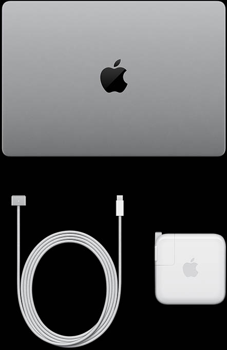 MacBook Pro avec écran PROLED XDR, couleur argent, dessus, fermé, câble de recharge USB-C et adaptateur d’alimentation