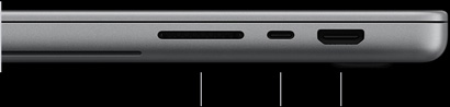 MacBook Pro avec Écran PROLED XDR, argent, fermé, côté droit, montrant trois ports : SDXC, Thunderbolt 5 et HDMI
