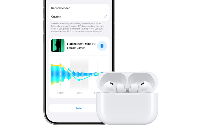 iPhone 17 Pro, hopeanvärinen, etupuoli, AirPods-kuulokkeiden taajuuskorjaimen vaihtoehtoina matalat, keski- ja korkeat taajuudet