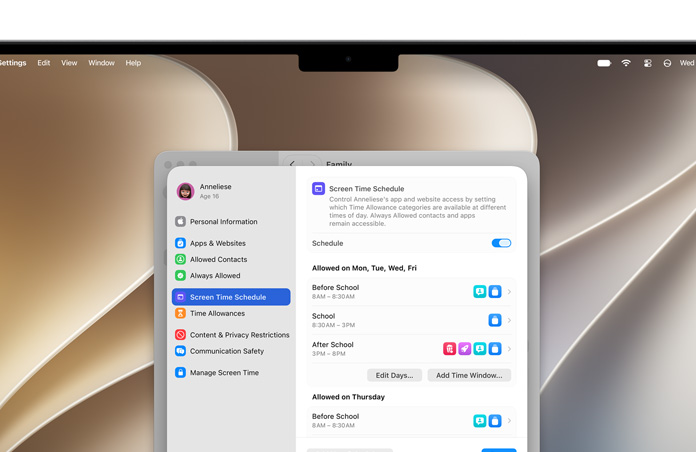 MacBook Pro-scherm met opties voor Tijdslimiet en Schermtijd-schema in Instellingen om tijd- en mediacategorieën voor een kind in te stellen
