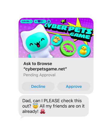 Näytöllä näkyy viesti, jossa on näyttökuva cyberpetsgame.net-sivustosta, kuvan alla on Hylkää- ja Hyväksy-painikkeet ja viesti, jossa lukee: ”Dad, can I please check this out, all my friends are on it already”