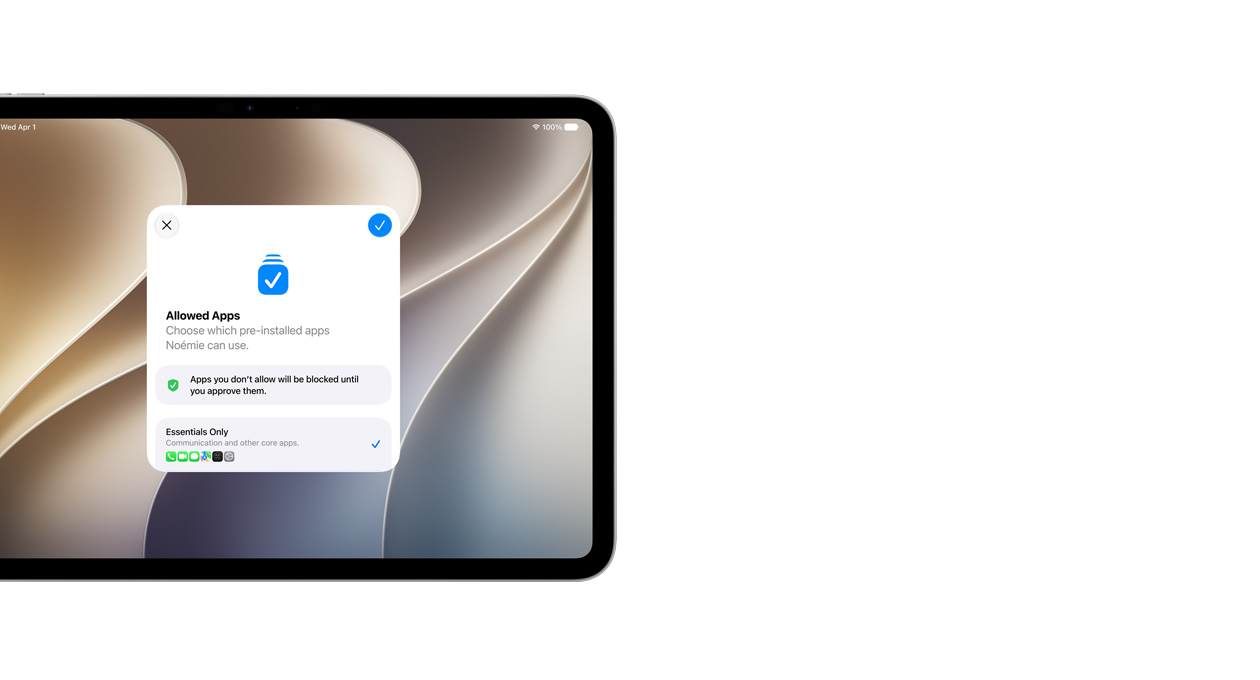 11 tuuman iPad Pro, hopeanvärinen, näytöllä Käyttöönottoapuri-appi, jossa on valikoima appeja, joita vanhempi voi valita lapselleen