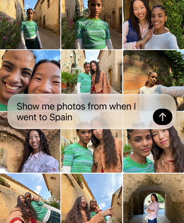 Query for Siri AI to retrieve recent holiday photos, text of query overlays photo grid
