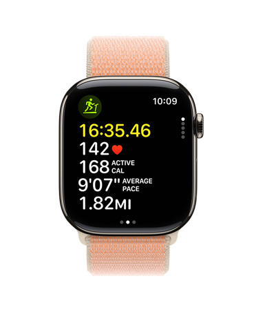 Apple Watch Series 11, oro, la app Entreno muestra métricas de carrera como el tiempo, la frecuencia cardiaca, las calorías activas, el ritmo medio y la distancia