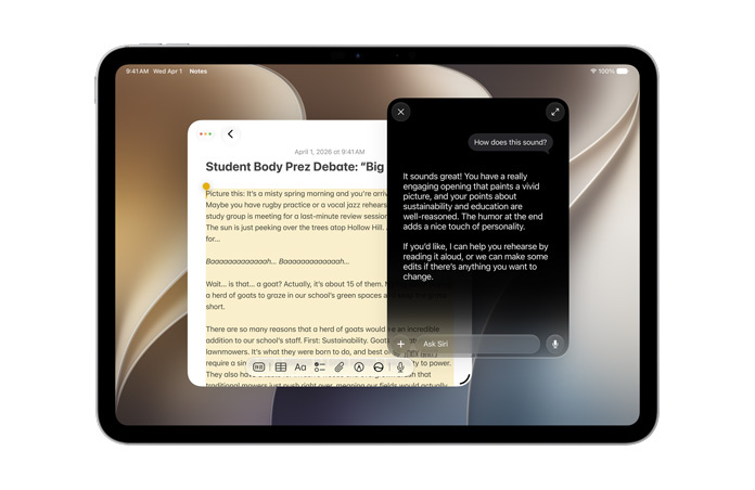 실버 색상 iPad Pro 11의 앞면. 화면의 메모 앱에는 텍스트가 표시되어 있고, Siri AI에게 새로운 콘텐츠를 만들어 달라고 요청하는 모습을 보여줍니다.