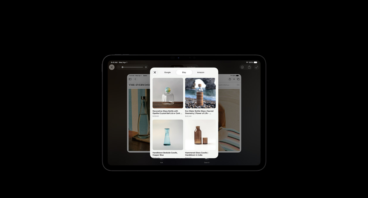 iPad Pro 11, Hitam Angkasa, layar menampilkan gambar produk untuk merespons permintaan Kecerdasan Visual pada layar tentang botol kaca, tombol Minta atau Pencarian Gambar ditampilkan di bawah gambar