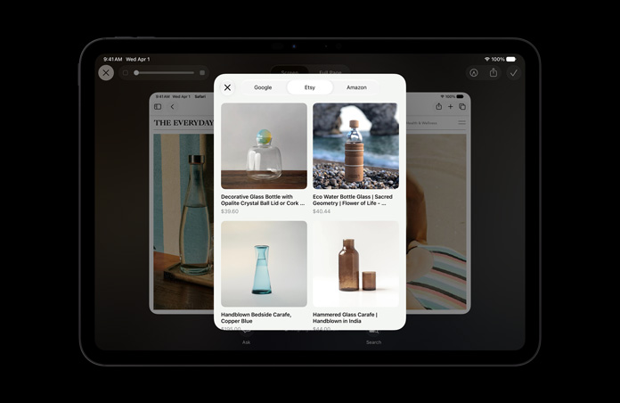 iPad Pro 11, Hitam Angkasa, layar menampilkan gambar produk untuk merespons permintaan Kecerdasan Visual pada layar tentang botol kaca, tombol Minta atau Pencarian Gambar ditampilkan di bawah gambar