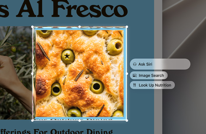 Las funcionalidades Inteligencia Visual, Pedirle a Siri, Buscar Imágenes y Valor Nutricional aparecen a la derecha de una imagen destacadas de una focaccia de aceituna