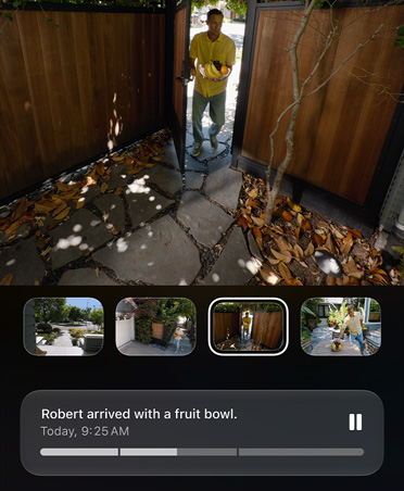 Captures d’écran d’une caméra vidéo HomeKit montrant une personne qui entre dans une cour clôturée, une description générée par l’IA indique que Robert est arrivé avec un bol de fruits, aujourd’hui à 9 heures 25