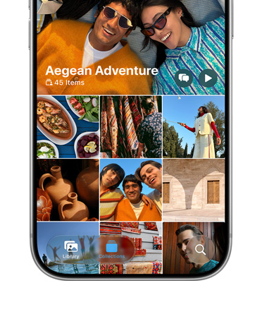 iPhone 18 Pro, argent, écran affichant une grille de photos de vacances