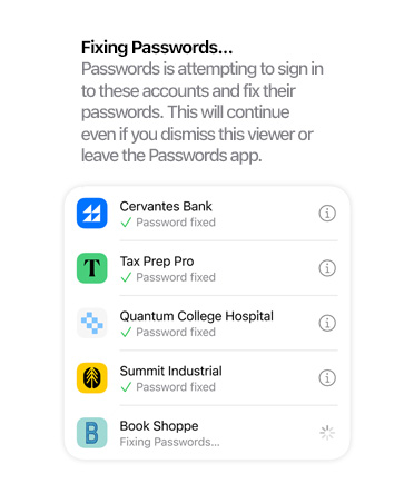 La app Contraseñas revisa las contraseñas y las marca como Seguridad Actualizada o Contraseña Vulnerada.